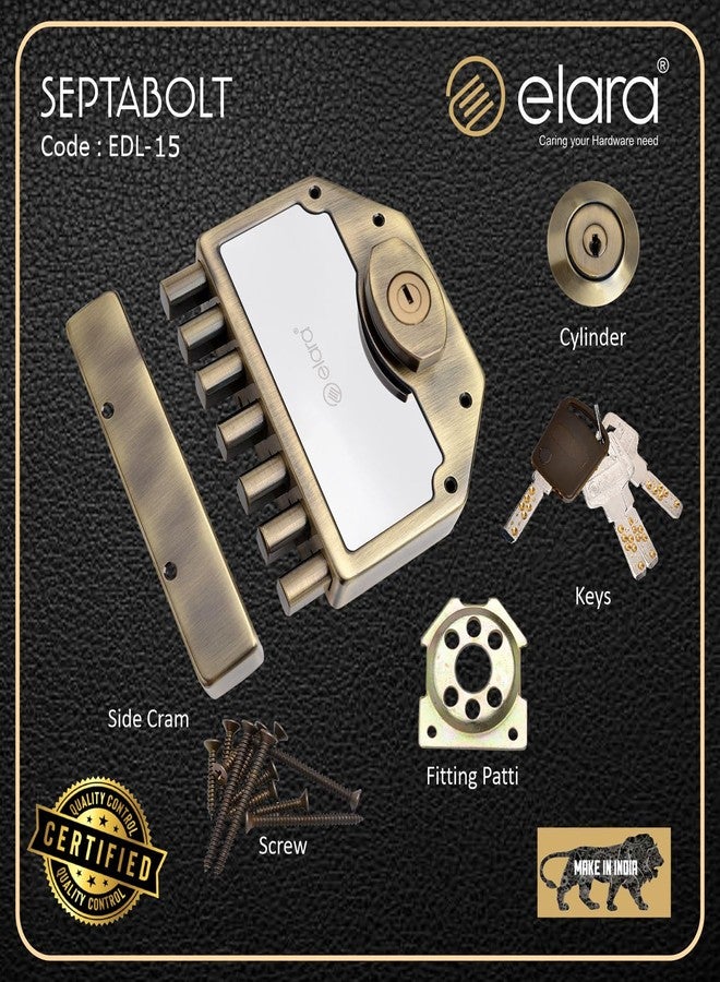 إلارا قفل باب Elara Deadbolt Septabolt 2CK، قفل حافة، مزلاج للمنزل، أقفال أبواب للباب الرئيسي مع 4 مفاتيح نحاسية قابلة للعكس (عتيق، EDL-15، Septabolt، مفتاح فائق) - Image 4